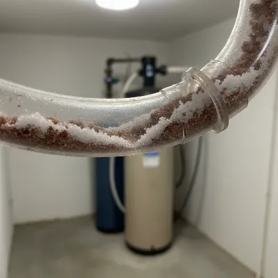 A close-up view of a clogged water softener drain line, showing salt and sediment buildup inside a transparent hose connected to a water softener unit. The hose is slightly kinked, and dirty water is visible.