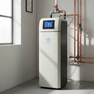 A modern Culligan Aquasential Smart HE Water Softener unit installed in a utility room, showing its sleek design and digital interface