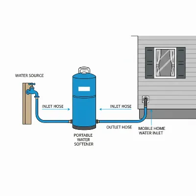 Diagram showing a portable water softener connected to a mobile home's water supply