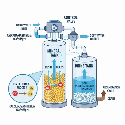 A clear, labelled diagram showing the components and ion exchange process of a salt-based water softener