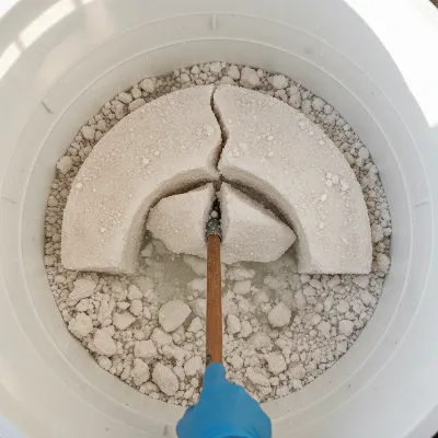 Salt bridge inside a water softener brine tank with a hand breaking it