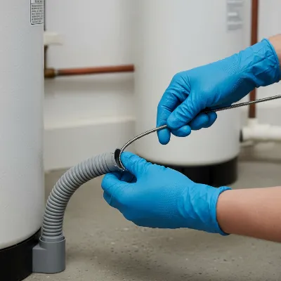 A person wearing gloves using a flexible drain snake to clear a water softener drain line, with the brine tank visible in the background in a home utility room. 
