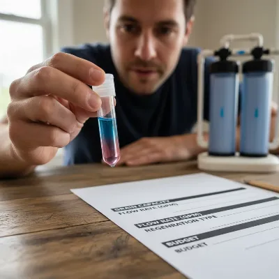 A homeowner inspecting a water hardness test kit, with a checklist of factors like grain capacity, flow rate, and budget laid out on a table next to a dual tank water softener schematic.