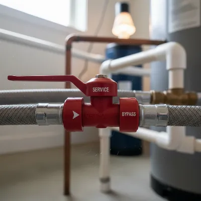 Water softener bypass valve engaged, stopping water flow for troubleshooting