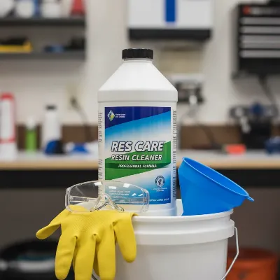 A collection of essential supplies for cleaning a water softener resin tank, including a bottle of dedicated resin cleaner, gloves, safety glasses, a funnel, and a bucket, arranged neatly on a workbench.