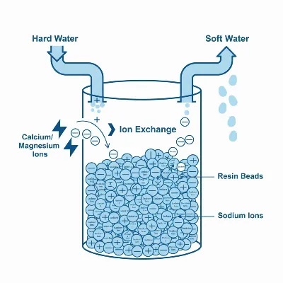 An illustration showing the ion exchange process in a water softener with hard water flowing in and soft water flowing out