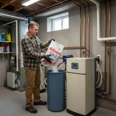 A person refilling the salt in a water softener's brine tank