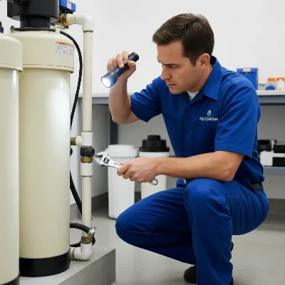 A technician inspecting a leaking water softener with tools.