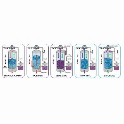 An illustrative diagram showing the stages of a water softener regeneration cycle.