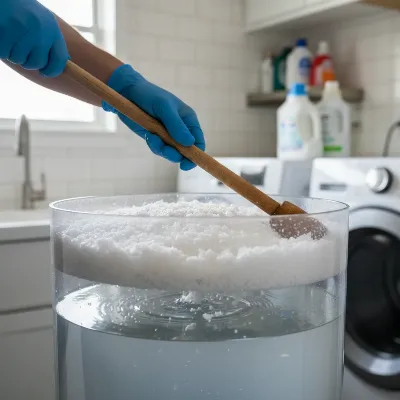 A person carefully breaking up a salt bridge in a water softener brine tank with a long stick.