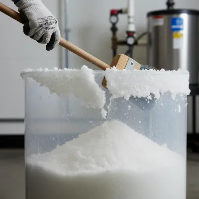 A hand with a broom handle carefully breaking up a salt bridge in a water softener brine tank.