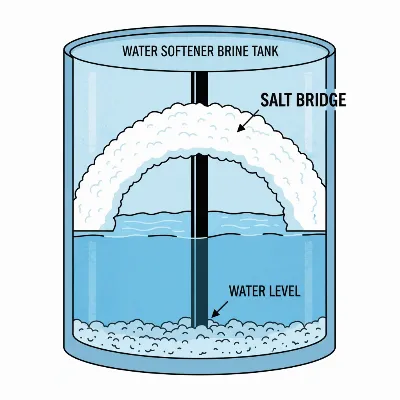 A diagram illustrating a salt bridge in a water softener brine tank, showing a hardened crust of salt above the water line.