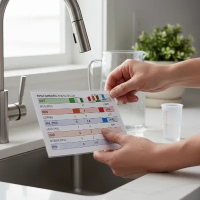 A person using a home water test kit on a sample of well water
