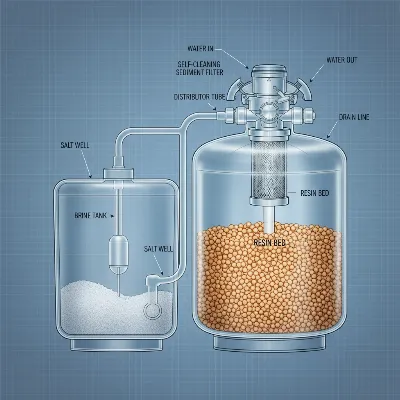 A detailed illustration showing the internal components of the WaterBoss 36000, highlighting the self-cleaning sediment filter and resin tank.