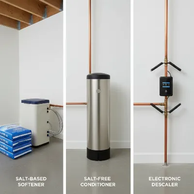 A collage or comparison image showing various budget water softener types: a compact salt-based unit, a salt-free conditioner tank, and a small electronic descaler attached to a pipe.