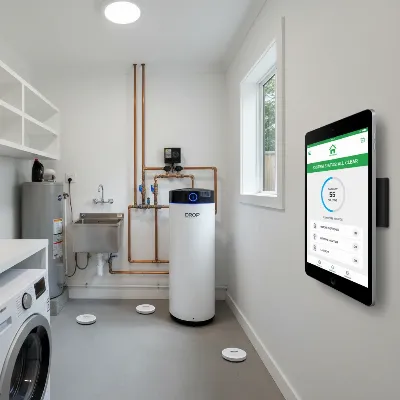 DROP Smart Water Softener unit installed in a modern utility space with various leak detectors connected and the DROP app displayed on a tablet