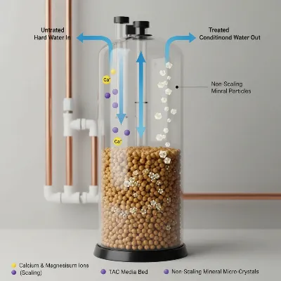 An illustrative diagram showing how a salt-free water softener uses TAC media to prevent scale in city water homes.