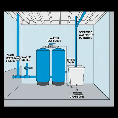 Diagram illustrating the basic installation of a whole-house water softener system into a home's main water line.