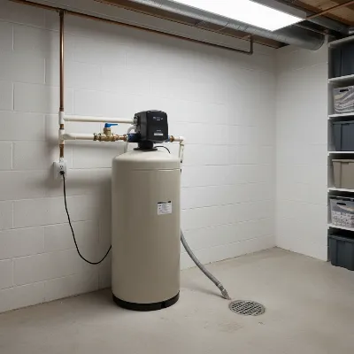 A water softener unit placed in a utility room or basement, showing its proximity to the main water line, an electrical outlet, and a floor drain, highlighting ample space around the unit for maintenance.