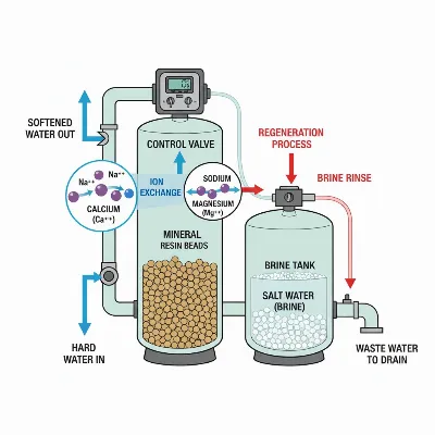 Illustration of how a salt-based water softener works with ion exchange resin beads