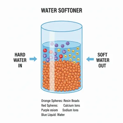 An illustrative diagram showing the ion exchange process within a water softener, with hard water entering, calcium and magnesium ions being exchanged for sodium ions on resin beads, and softened water exiting the system.